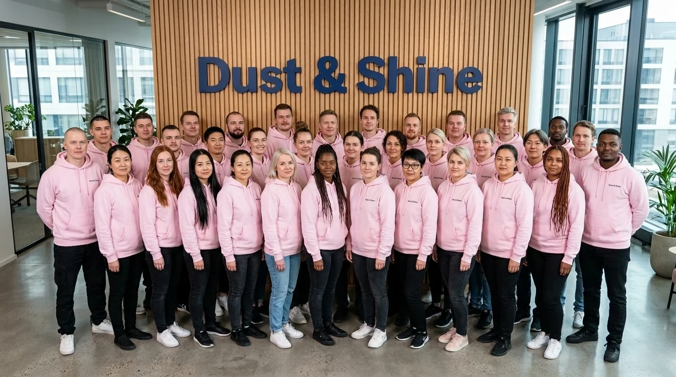 Dust & Shine -henkilöstö ryhmäkuvassa; paikallinen siivousyritys Uusimaa alueella, joka palvelee koteja ja yrityksiä.